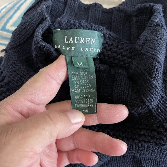 Lauren Ralph Lauren Navy Cable Knit Mock Neck Anchor Sweater Medium Silk Blend - Picture 4 of 5